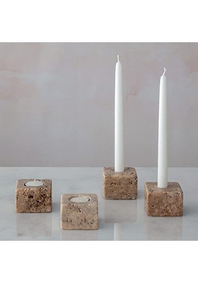 Traverten Mermer Şamdan Mumluk 4lü Set Silver Çok Renkli