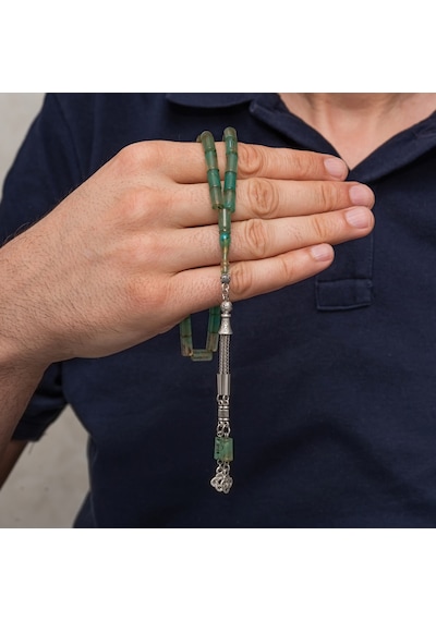 Metal Püsküllü Deniz Yeşili Kesme Sıkma Kehribar Tesbih
