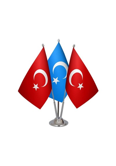 Masa Üstü Doğu Türkistan Bayrağı Türk Bayrağı Üçlü Krom Direk Mas