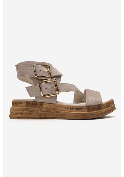 Luvishoes Lorentıs Bej Süet Hakiki Deri Çift Tokalı Kadın Sandalet