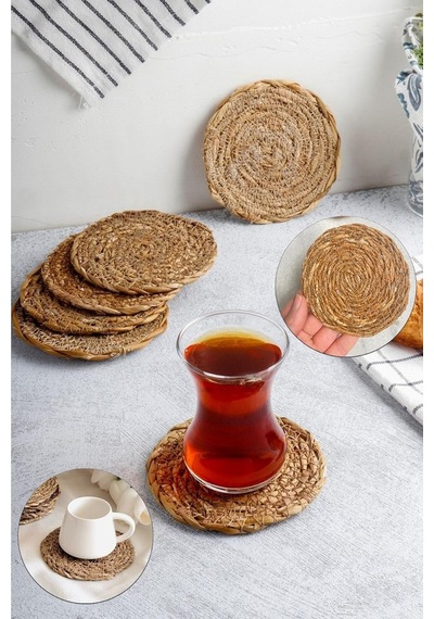 6 Adet El Yapımı Yuvarlak Hasır Bardak Altlığı - Fincan, Çay Ve Kupa Altlığı - 10cm Altın Ve Çok Renkli