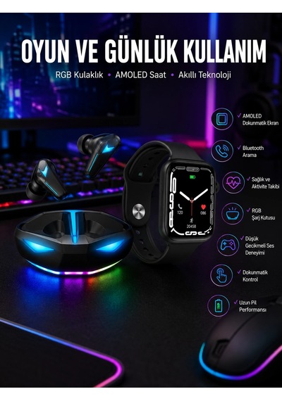 Mey İthalat Yeni Nesil Akıllı Saat Ve Kablosuz Kulaklık Kampanyası İkili Set Bluetooth Bağlantılı