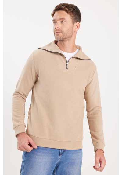 Tudors Unisex Relax Fit Rahat Kesim Fitilli Desenli Pamuklu Yarım Fermuarlı Bej Dik Yaka Sweatshirt-38228 Tudors Unisex Relax Fit Rahat Kesim Fitilli Desenli Pamuklu Yarım Fermuarlı Bej Dik Yaka Sweatshirt-38228