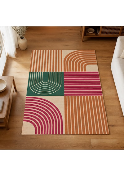Kartela Halı Retro Çizgili Patchwork Halı Retro Canlı Kaymaz Taban Makinede Yıkanabilir 120x180 Cm