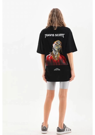 Assema Kadın Baskılı T-shirt Kısa Kol Bisiklet Yaka Ovarsize Rahat Kalıp Günlük Tişört - Siyah Çok Renkli