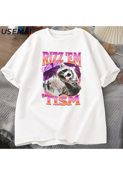 Flood Of Style Rizz Em Tism İle Retro Tişört Adam Komik Rakun Grafik T-shirt Unisex Opossum T Shirt Kadın Er Beyaz