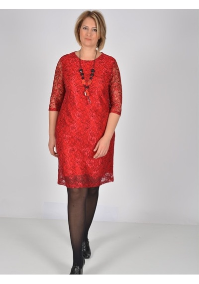 Nidya Moda Büyük Beden Midi Kolelbise-4009Bdk Kırmızı