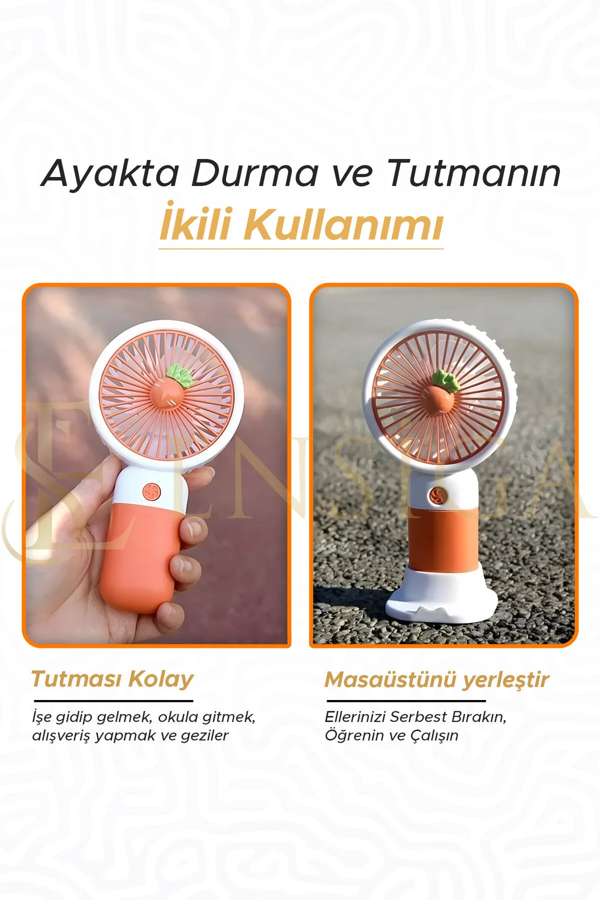 3 Kademeli Meyveli Masa Standlı Model Şarjlı El Fanı Serinletici Taşınabilir Fan Beyaz