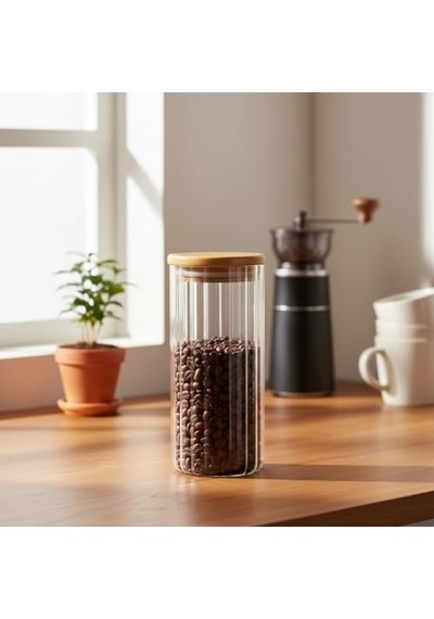Linie Serisi Bambu Kapaklı Borosilikat Cam Kavanoz - 350 Ml Çizgili Vakumlu Baharatlık, Çay Ve Kahve Saklama Kabı Diğer