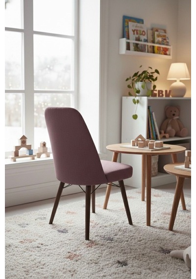 Nora 1 Adet Sandalye - Keten Kumaşlı Sandalye Modern Ahşap Ayaklı Yemek & Çalışma Sandalyesi Minimal Tasarım Pembe