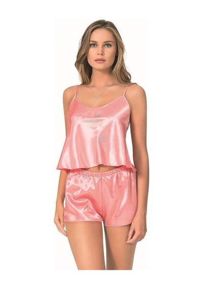 Red Womans Mercan Saten Babydoll Şort Takımı