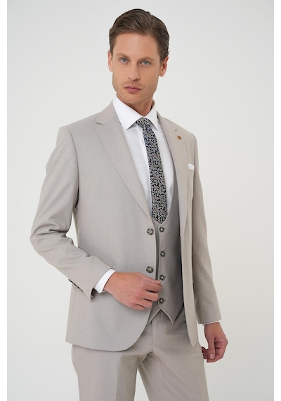 Efor Slim Fit Çift Yırtmaç Keten Karışımlı Yelekli Klasik Taş Takım Elbise Tk 914 Taş