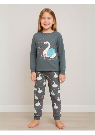 Kız Çocuk Kuğu Baskılı Pamuklu Pijama Takımı-16057 Haki