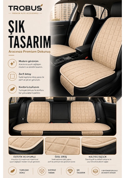 Opel Astra 2000-2004 Üniversal Soft Alkantra Kare Desen 7 Parça Oto Koltuk Minderi Bej