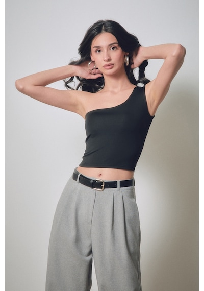 Fullamoda Basic Tek Kol Crop Bluz- Siyah 24YGB7510203462-Siyah