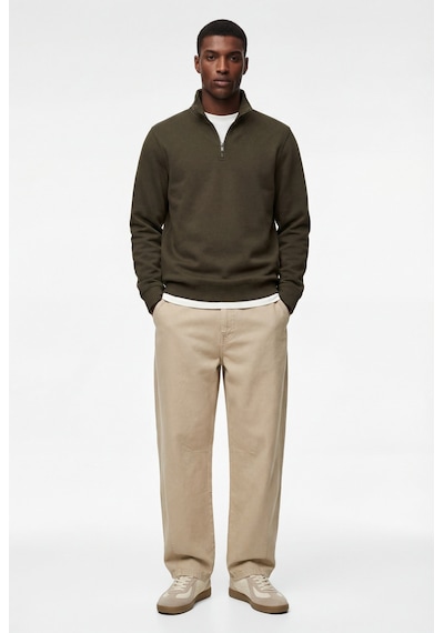 Koton Uzun Kollu Şardonlu Basic Yarım Fermuarlı Sweatshirt Haki 6wam70016mk