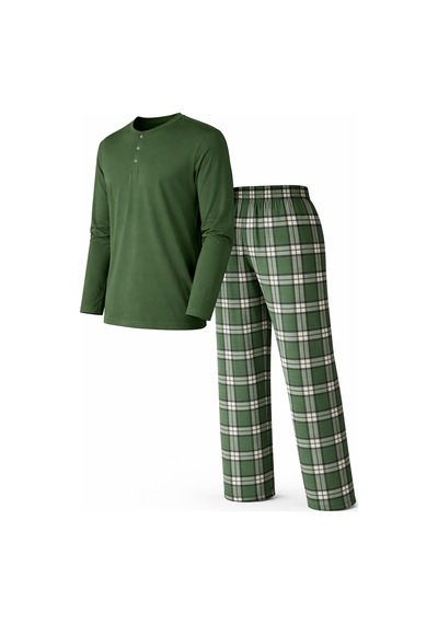 Mutlu City Erkek Mevsimlik Uzun Kollu 3 Düğmeli Ekose Alt Pijama Takımı 16649 Haki