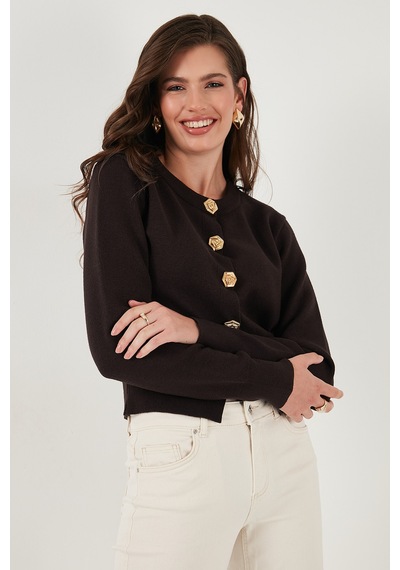 Lela Premium Regular Fit Yuvarlak Yaka Crop Triko Bayan Hırka 680Hi00110 Kahve
