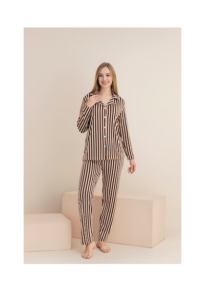 Rindahomewear Kadın Kaverengi Çizgili Desenli Milan Örme Lizbon Düğmeli Pijama Takımı Kahverengi Bej Çizgili