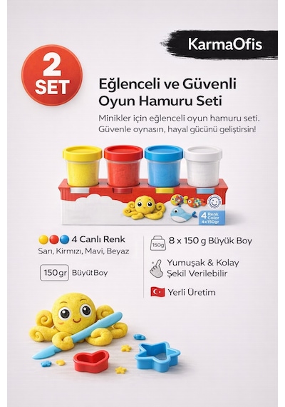 Kidz 2 Li Büyük Boy Oyun Hamuru Seti 8x150 Gr 4 Renkli Çocuk Oyun Hamuru Yumuşak & Yerli Üretim Beyaz