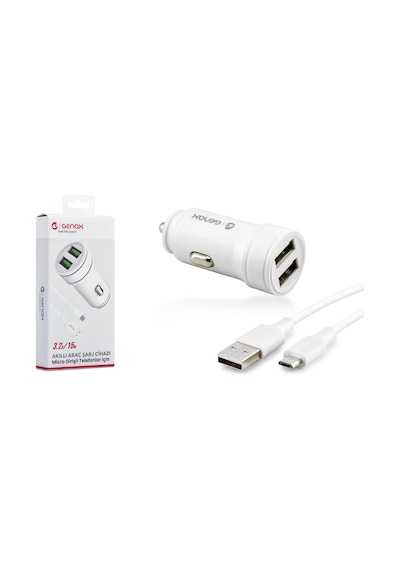 Genax Gnx015 Mıcro Usb 2usb Araç Şarj Adaptörü Set 3.2a 15w Beyaz
