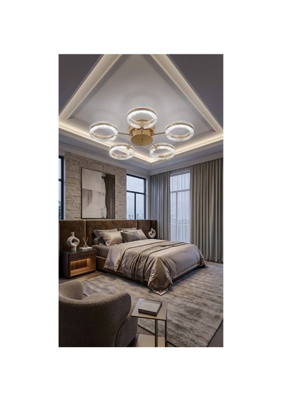 LumiaLighting Aurea Model Gold Kumandalı 5"li Ledli 3 Renk Modu Kristal Salon Mutfak Yatak Çocuk Odası Avize