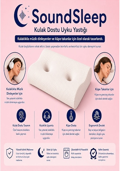 Soundsleep Kulak Dostu Uyku Yastığı Küpe Ve Kulaklık Kullananlar İçin Ergonomik Visco Yastık Beyaz