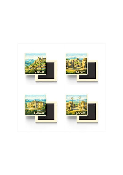Çorum - 4'lü Memleket Seti - Baskılı Buzdolap Magneti Kare - 9x9 Cm - 4 Adet