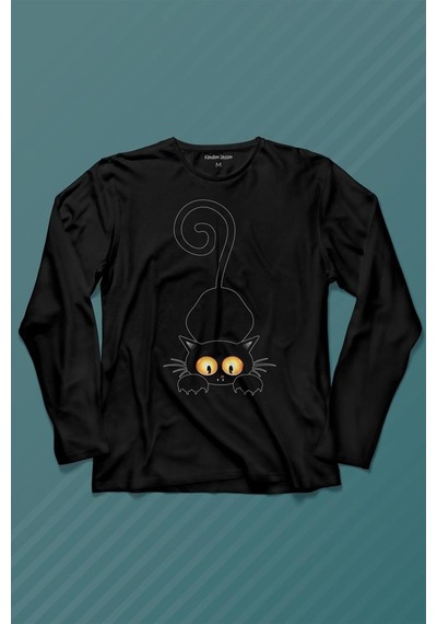 Küçük Sevimli Yavru Siyah Kedi Düşünceli Hayvan Uzun Kollu Tişört Baskılı T-shirt 001