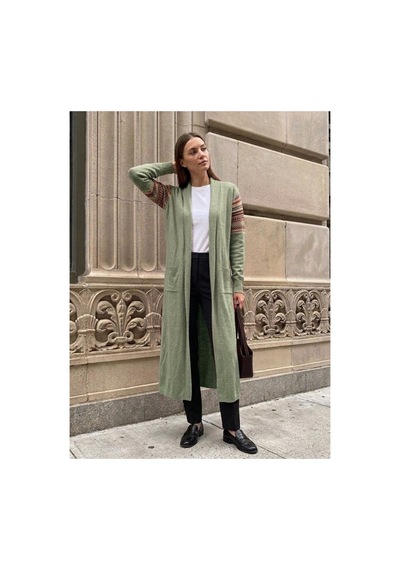 Onno Style Women Kilim Desen Uzun Triko Kadın Hırka Turkuaz