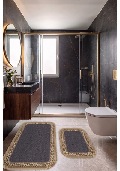 Banyo Paspası Takımı 70x110+50x70 Cm İç Trikot Antrasit Gri & Hasır