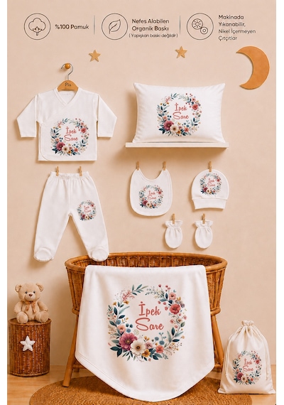 Pia Baby İsme Özel Kız Bebek Hastane Çıkışı 12 Parça %100 Pamuk Organik Baskılı Kese Hediyeli Set 106911k0x Ekru