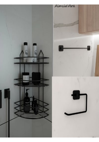 Yapışkanlı Siyah Banyo Köşeliği 3 Katlı Köşe Rafı Uzun Havluluk Ve Tuvalet Kağıtlık Set Siyah