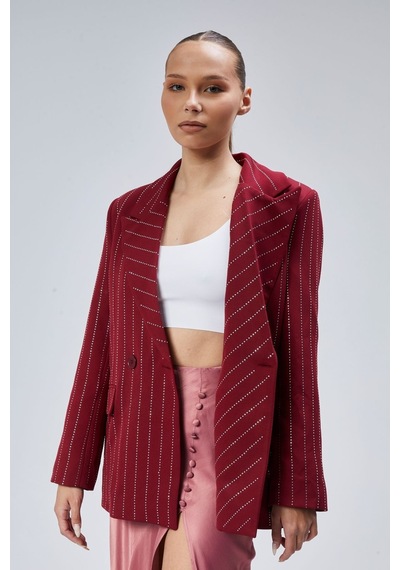 Kadın Taş İşlemeli Regular Vatkalı Blazer Ceket Bordo