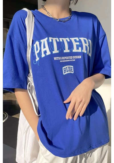 Unisex Pattern Blue Baskılı Tasarım Tshirt Mavi
