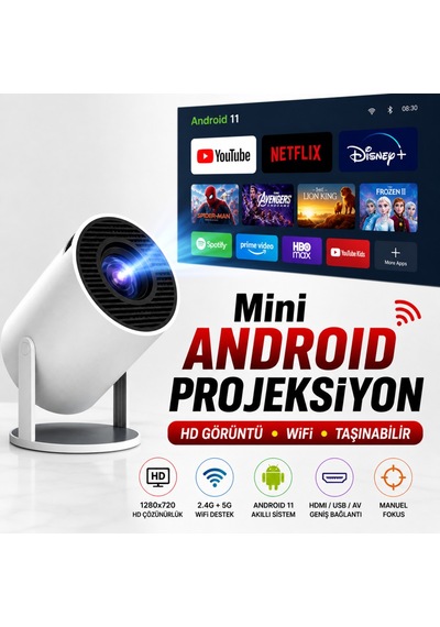 Mini Android 11 Projeksiyon Cihazı Hd 1280x720, Wifi 2.4g/5g, Hdmı Usb Destekli Taşınabilir Ev Sinema Projeksiyon