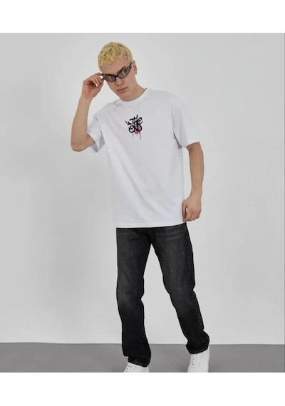 Modi Unisex Bisiklet Yaka Baskılı Oversize T-shirt - Beyaz - Mymg180617