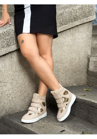 Erva'nın Butiği Bej Süet İsabe Gizli Topuk Dolgu Topuk 7 Cm Boy Uzatan Sneakers-6414