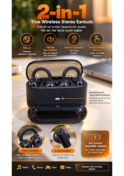 Kablosuz Bluetooth Kulaklık 2 Si 1 Arada Klipsli Kulak İçi 4 Lü Siyah - Lisinya