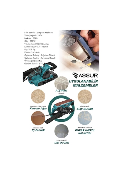Assur 900W Elektrikli Vakumlu Tozsuz Cila Özellikli Tank Zımpara Makinesi - 1744