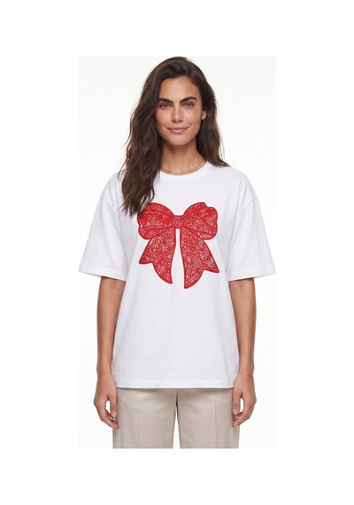 Onloox Kadın Beyaz Beyaz Pamuklu Bisiklet Yaka Oversize Kısa Kollu Kadife Fiyonk Baskılı T-shirt