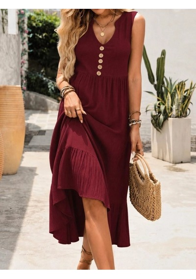 Defymoda Kadın Askılı V Yakalı Önden Düğmeli Midi Bürümcük Elbise Bordo
