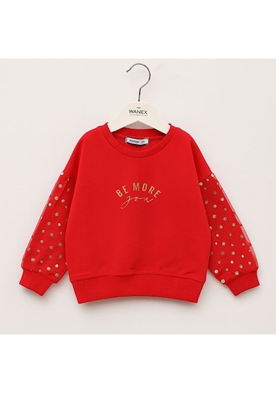 Kız Çocuk Tül Kol Detaylı Uzun Kollu Sweatshirt Kırmızı 2 7 Yaş Kırmızı