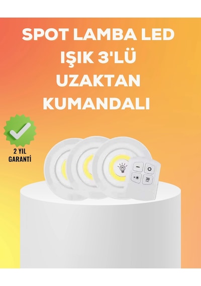 Çok Amaçlı Kullanım İçin Kablosuz Yapışkanlı 3 Lü Uzaktan Kumandalı Led Spot Lamba Çok Renkli