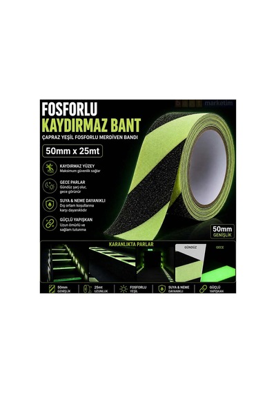 Fosforlu Kaydırmaz Bant 50mm X 25mt Çapraz Yeşil Fosforlu Merdiven Ve Zemin Bandı Bant Marketim