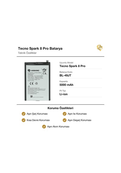 Tecno Spark 8 Pro Uyumlu Güçlendirilmiş Batarya Bl-49jt 5000 Mah Pil Telefon Bataryası Battery