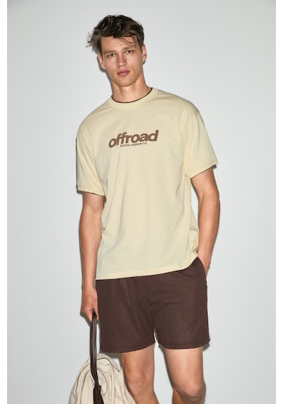 Grımelange Rough Erkek %100 Organik Pamuklu Kontrast Biyeli Baskı Detaylı Regular Fit Sarı T-shirt