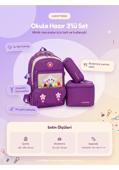 3'lü Set Çocuk İlkokul Çantası Kalemlikli Beslenme Çantalı Sırt Çantası Mor