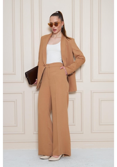 Lovelf Şal Yaka Çizgili Krep Takım Vizon Vizon