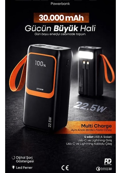 Simex 30.000 Mah Powerbank 30000 Mah Ekranlı 22.5w Pd Hızlı Şarj Fenerli Kablolu Type C Lighting Renkli